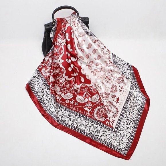 NEW Burgundy Ivory Paisley Floral Printed Square Silky Scarf Wrap - Picture 1 of 9
